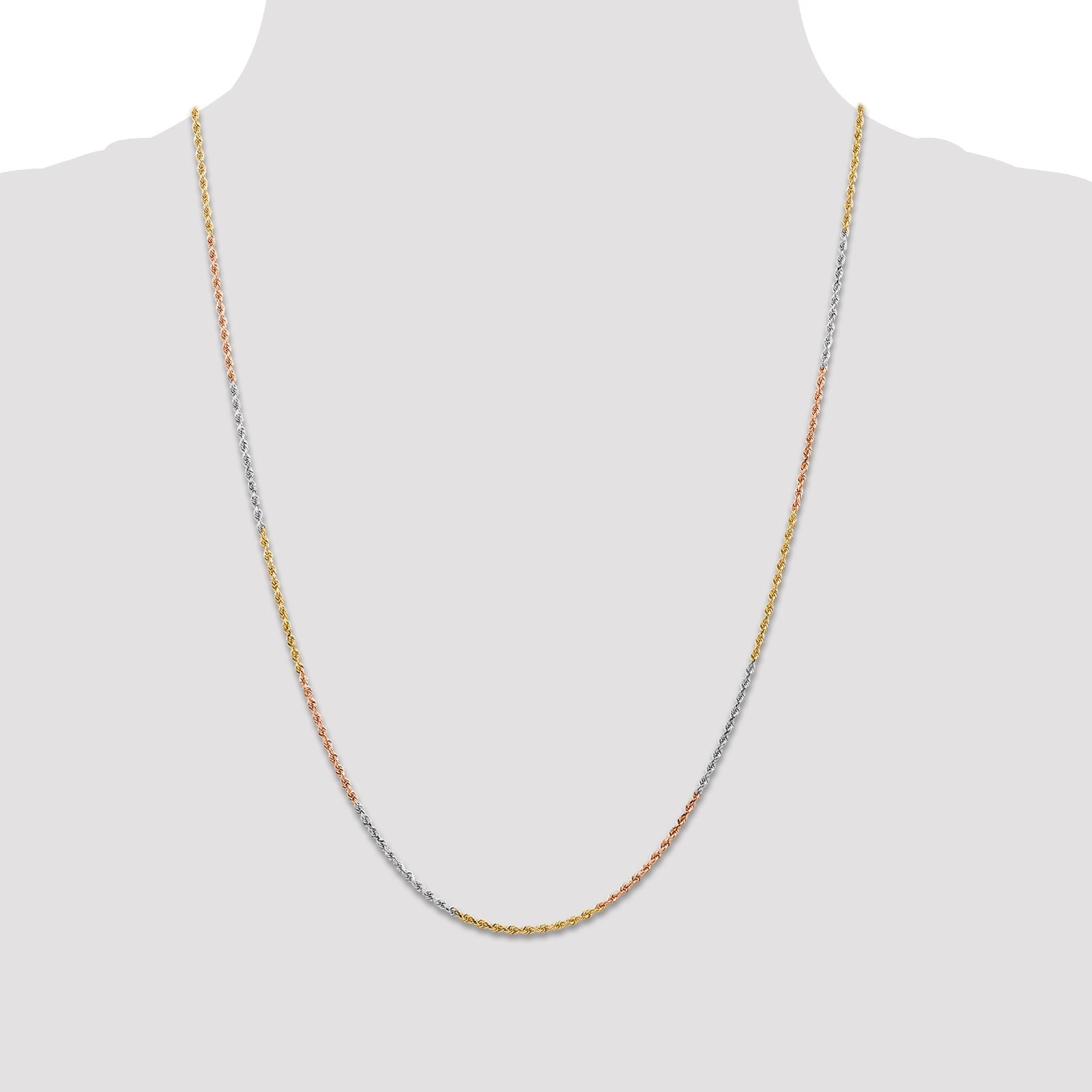 14k Tri-Color Tri-colored 24 inch 1.5mm Diamond-cut Rope with Lobster Clasp Chain Necklace