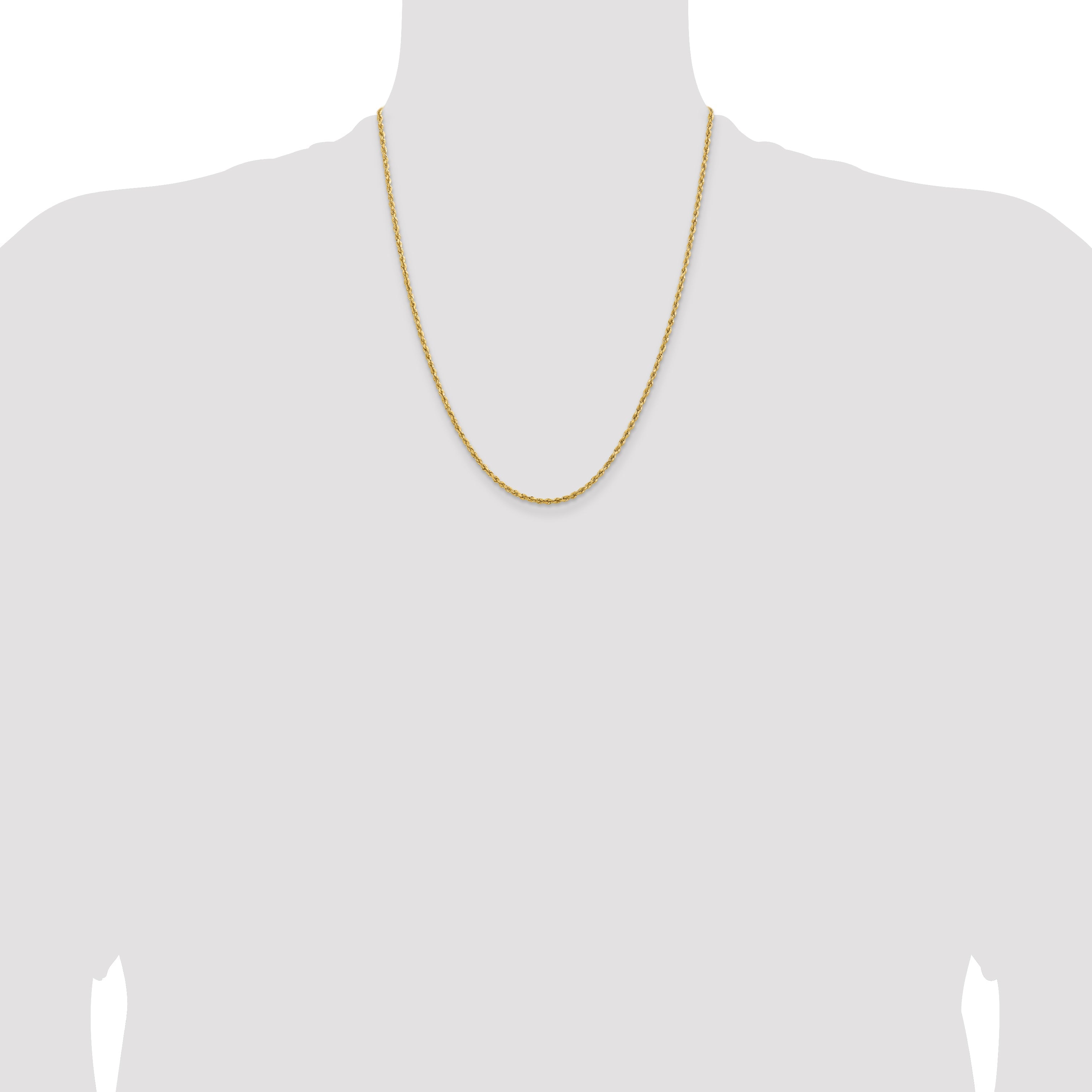 22 Inch 14k Yellow Gold 2mm Lightweight D/C Rope with Lobster Clasp Chain Necklace