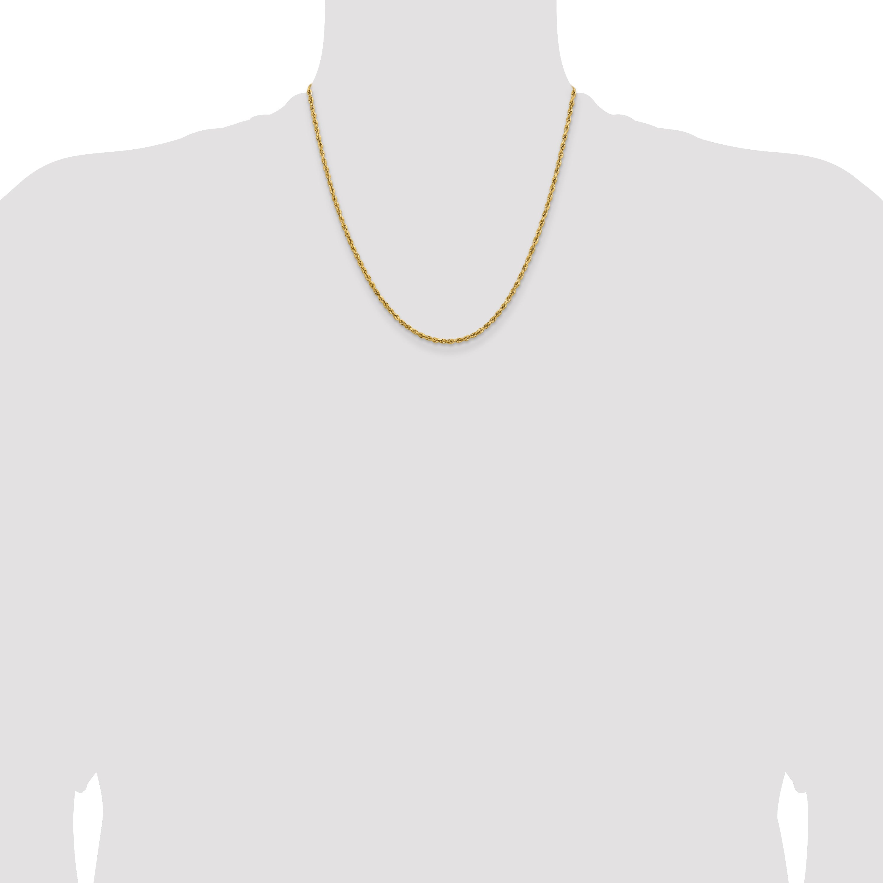 2 Inch 14k Yellow Gold 2.3mm Lightweight D/C Rope with Lobster Clasp Chain Necklace