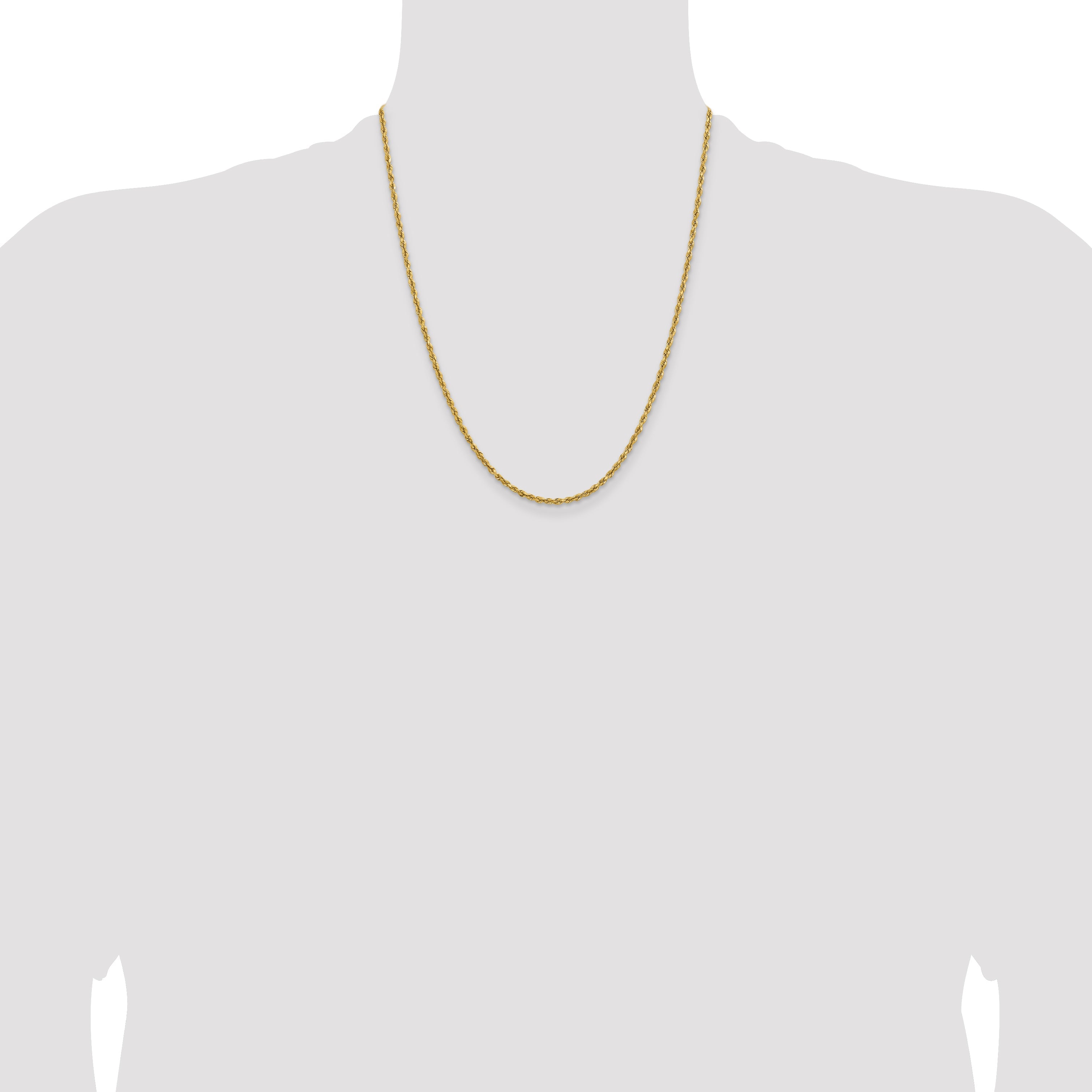 22 Inch 14k Yellow Gold 2.3mm Lightweight D/C Rope with Lobster Clasp Chain Necklace