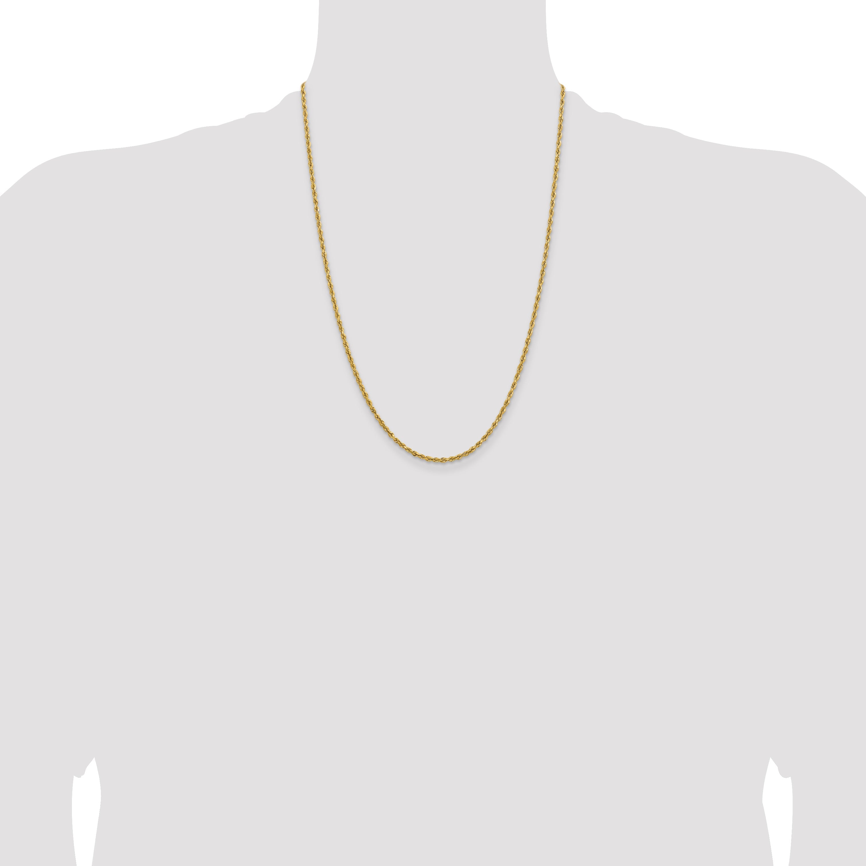 24 Inch 14k Yellow Gold 2.3mm Lightweight D/C Rope with Lobster Clasp Chain Necklace