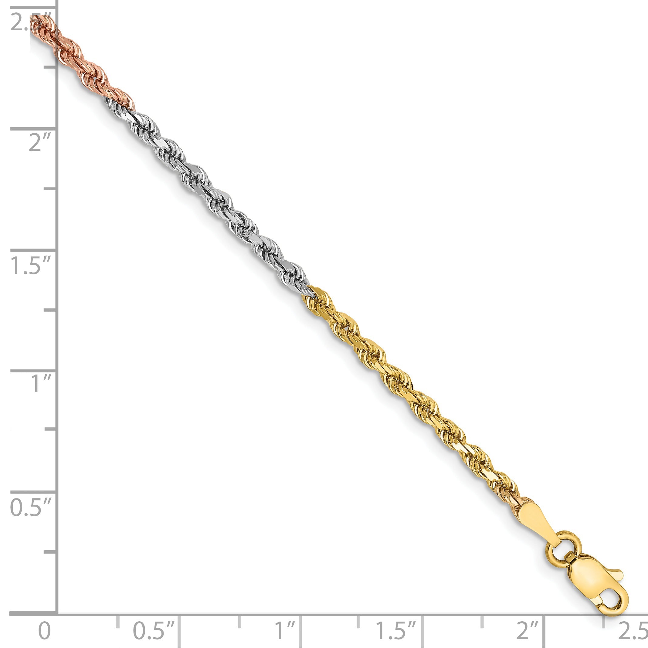14k Tri-Color Tri-colored 7 inch 2.5mm Diamond-cut Rope with Lobster Clasp Chain Bracelet