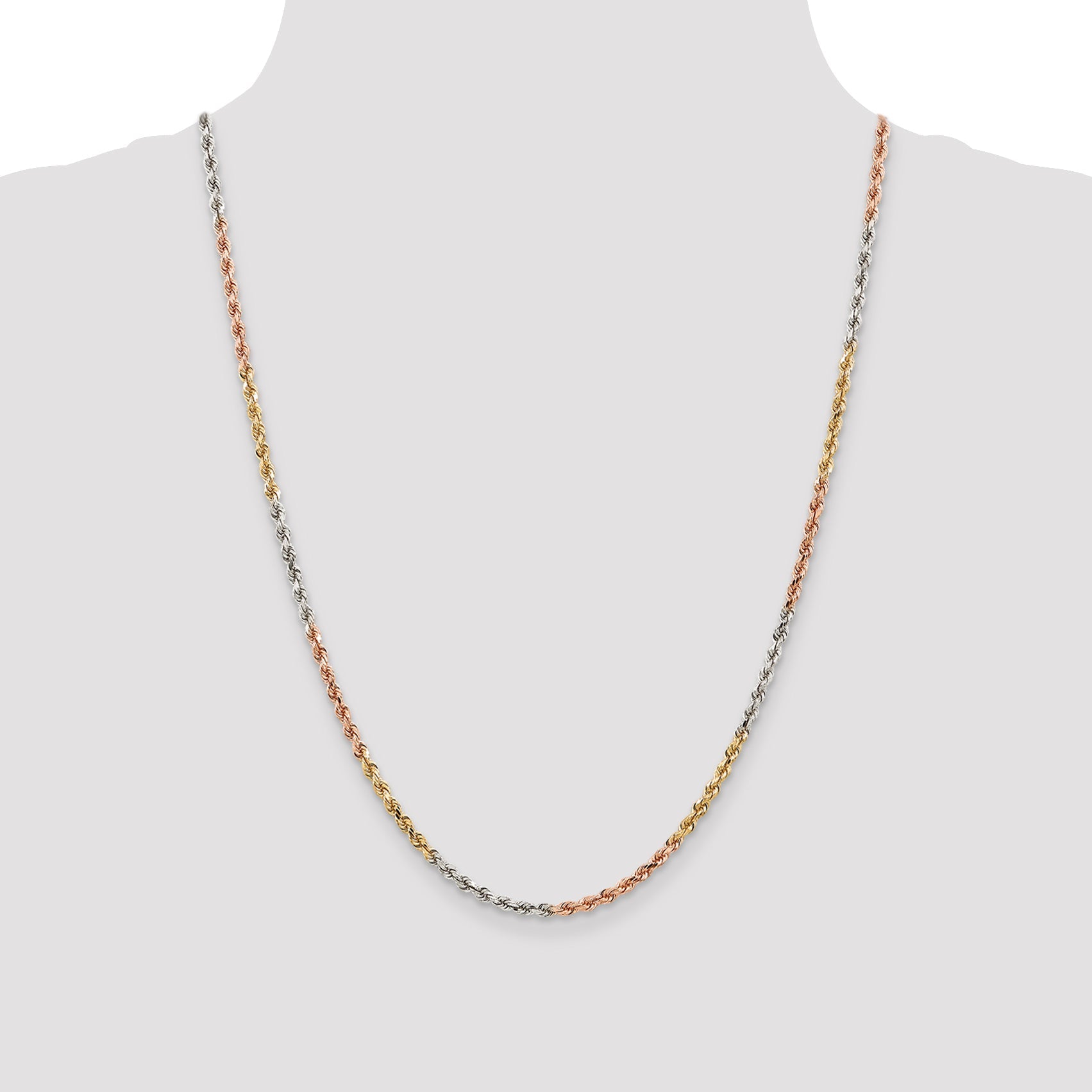 14k Tri-Color Tri-colored 24 inch 2.9mm Diamond-cut Rope with Lobster Clasp Chain Necklace