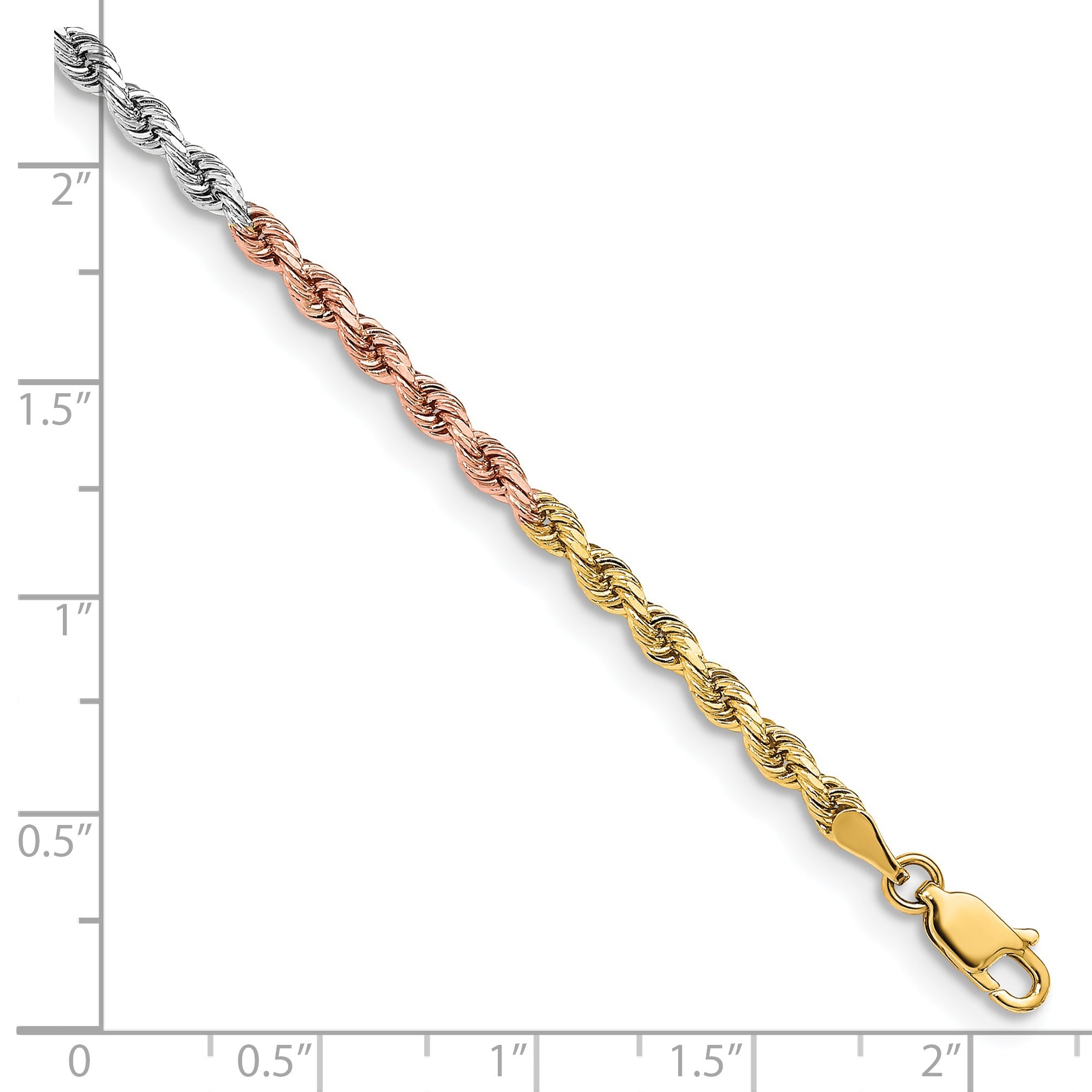 14k Tri-Color Tri-colored 7 inch 3mm Diamond-cut Rope with Lobster Clasp Chain Bracelet