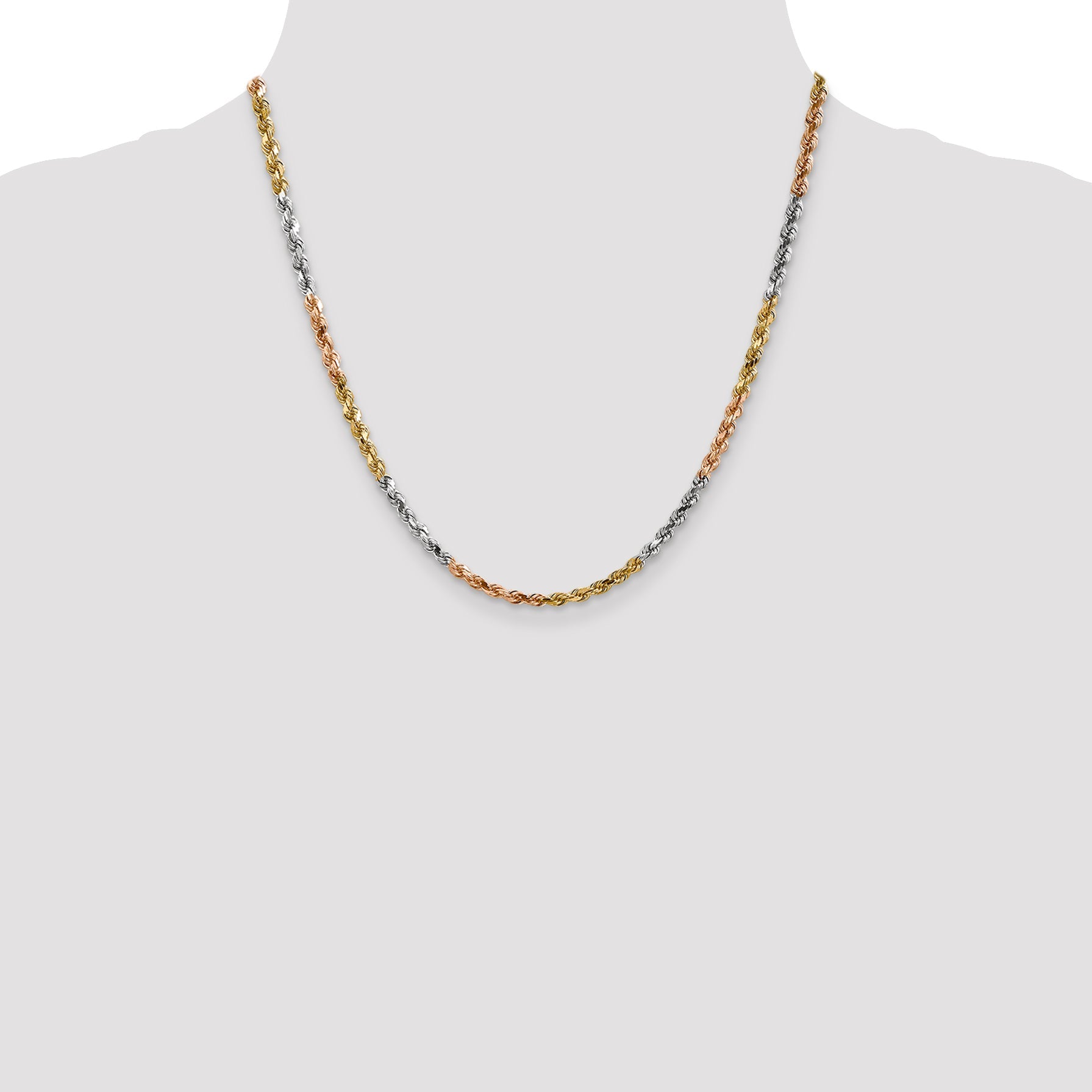 14k Tri-Color Tri-colored 20 inch 4mm Diamond-cut Rope with Lobster Clasp Chain Necklace