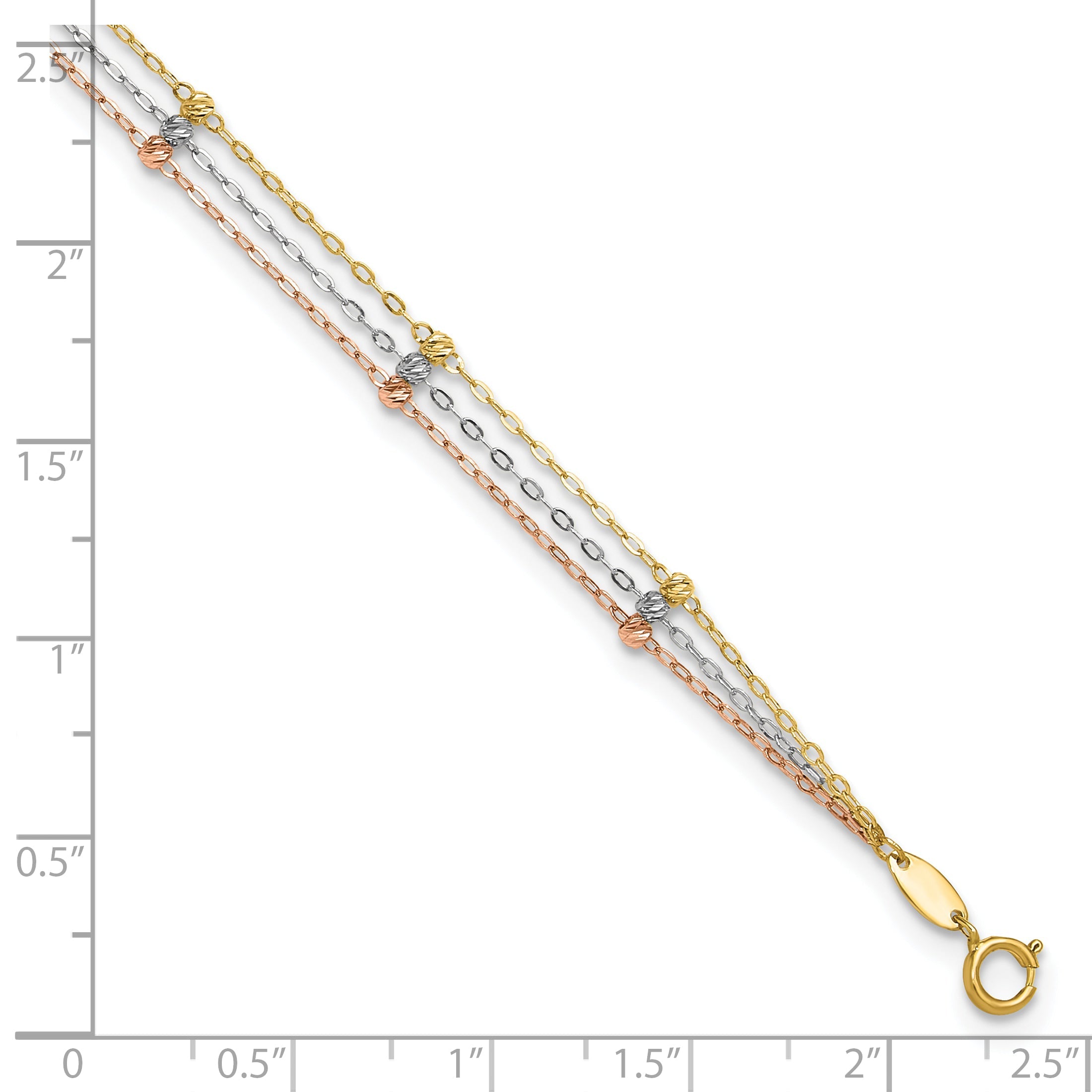 10K Tri Color Tri-Color 3-Strand Diamond-Cut Beaded 9In Plus 1In Ext Anklet