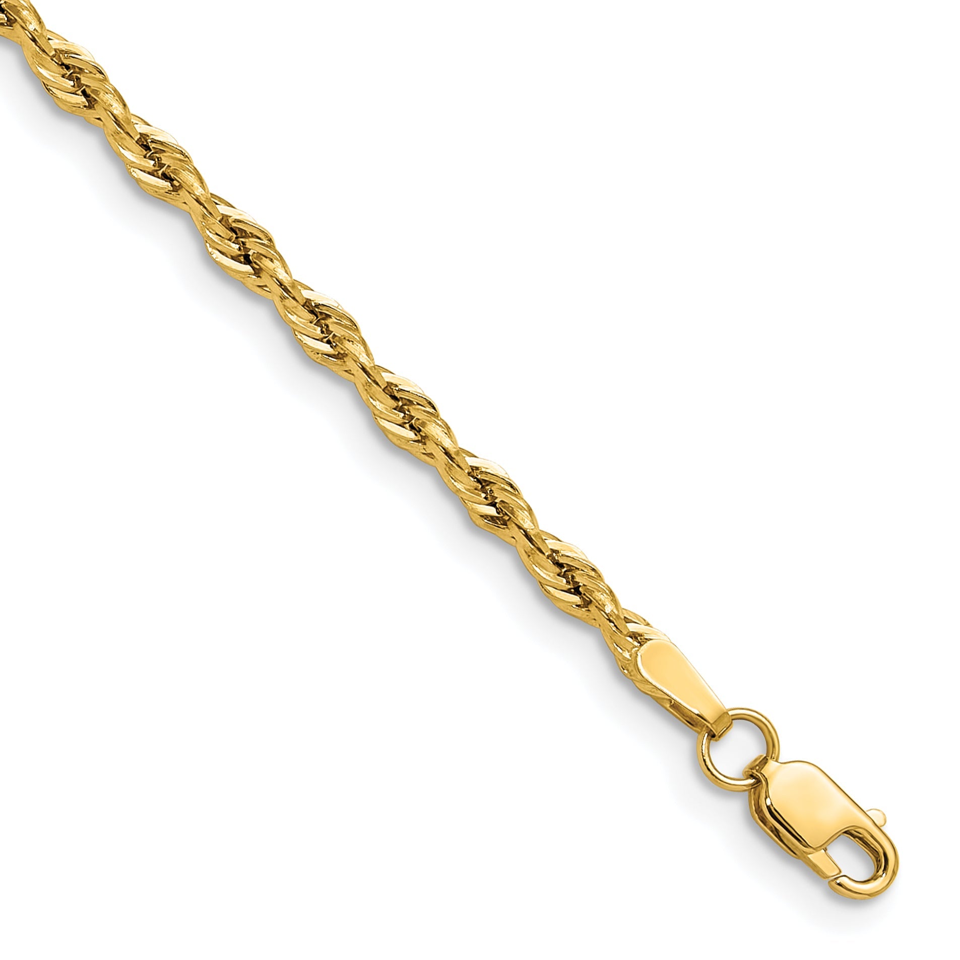 7 Inch 10K Yellow Gold 2.5mm Semi-Solid Rope Chain Bracelet