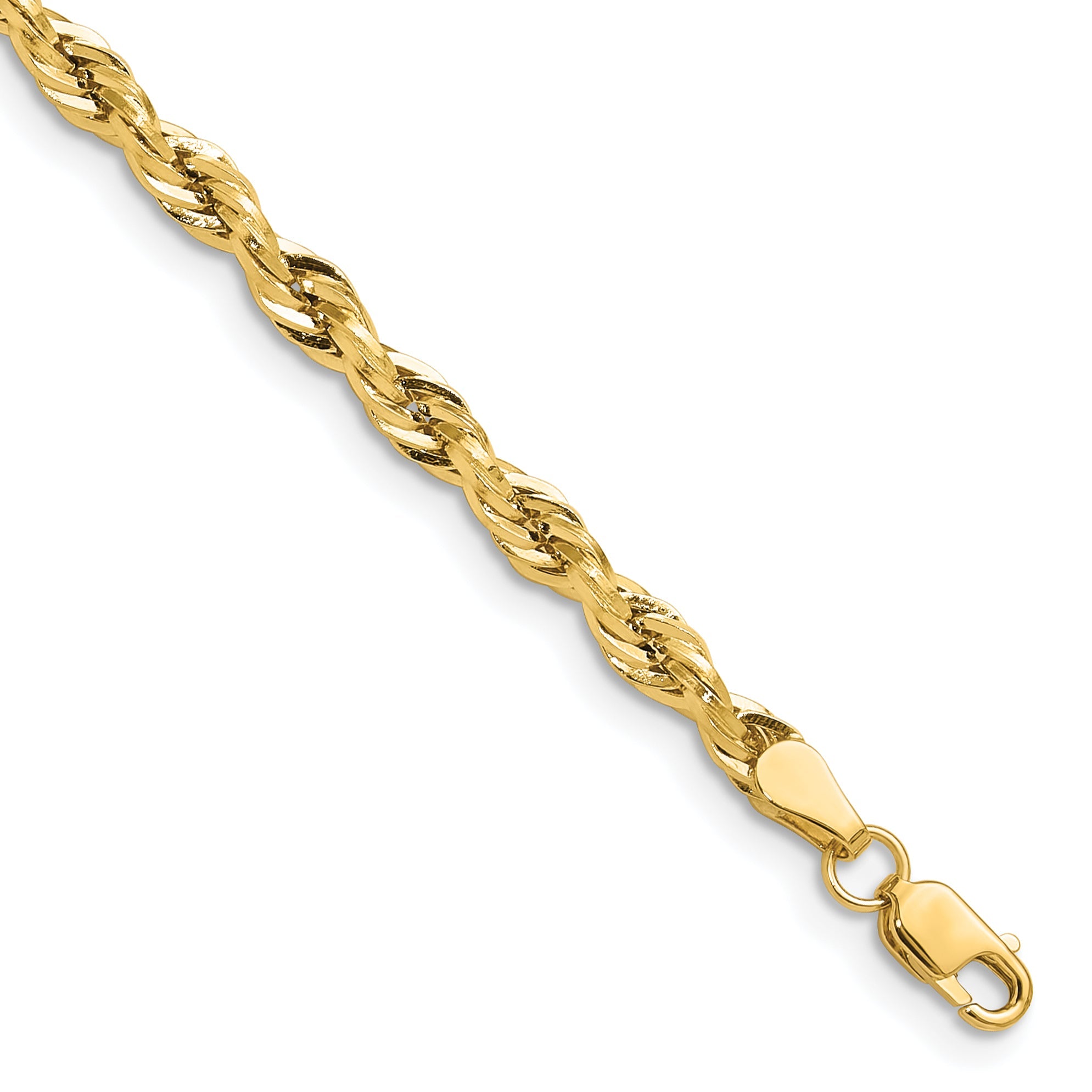 7 Inch 10K Yellow Gold 3.5mm Semi-Solid Rope Chain Bracelet