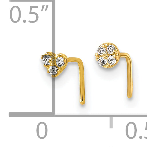 10K Yellow Gold Polished 23 Gauge Set Of Two Cz Heart And Circle Nose Studs