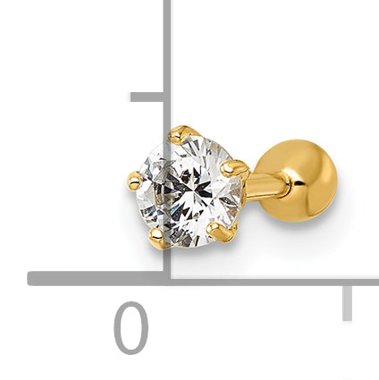 10K Yellow Gold Polished 18 Gauge Round White Cz Labret Stud