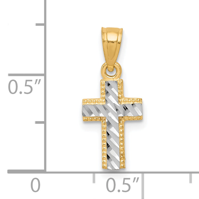 10k Yellow w/Rhodium & Rhodium Tiny Diamond-Cut Cross Pendant