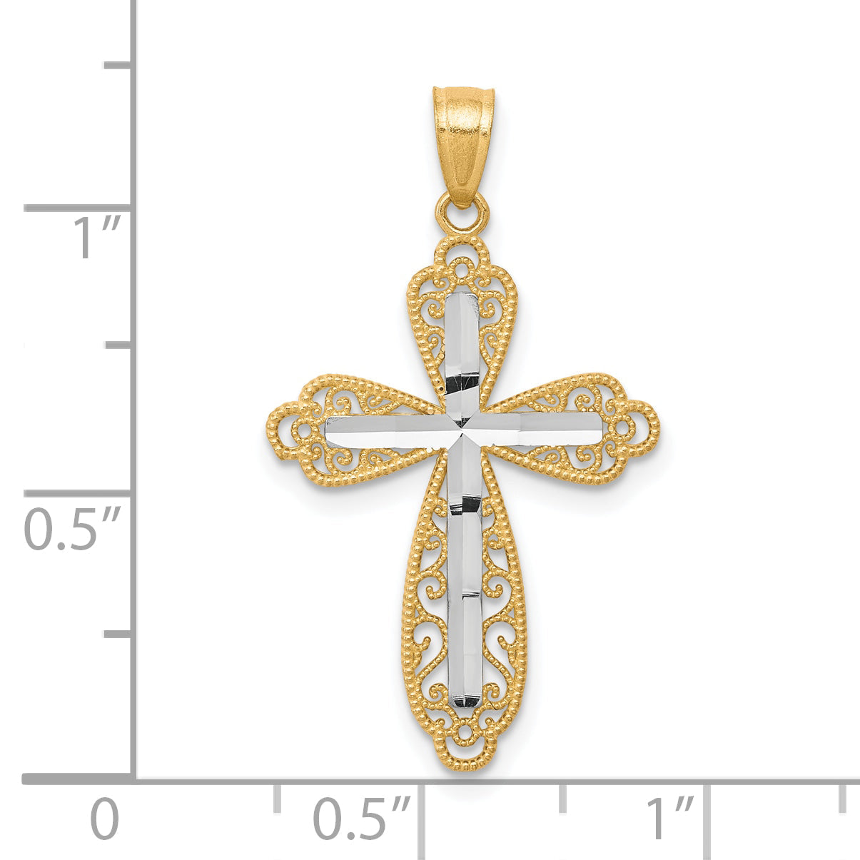 10k Yellow w/Rhodium w/ Rhodium Diamond-Cut Cross Pendant