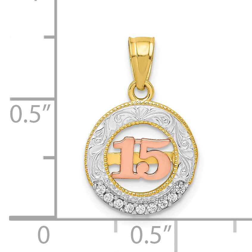 10k Two-tone w/White Rhodium CZ 15 Round Pendant
