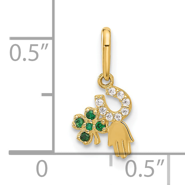10K Yellow Gold 10K Polished Clover Horseshoe Hamsa Cz Luck Pendant