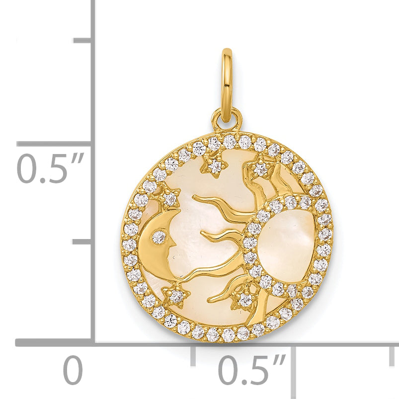 10K Yellow Gold 10K Polished Cz And Mother Of Pearl Sun Moon Stars Disc Charm