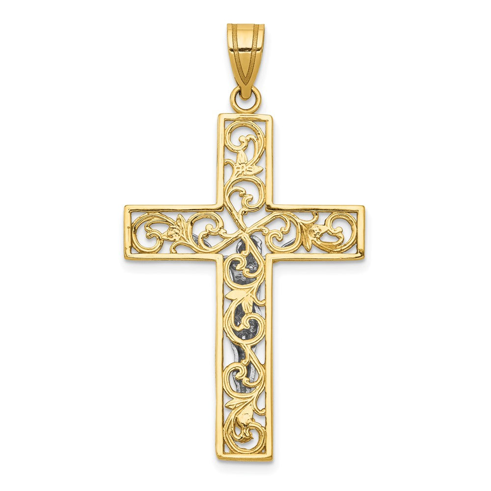 10K Two-Tone 10K D/C Large Block Filigree Cross W/Crucifix Pendant