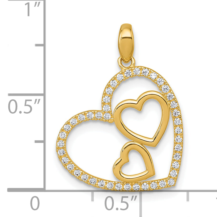 10K Yellow Gold Polished Cz Heart With Two Hearts Inside Pendant