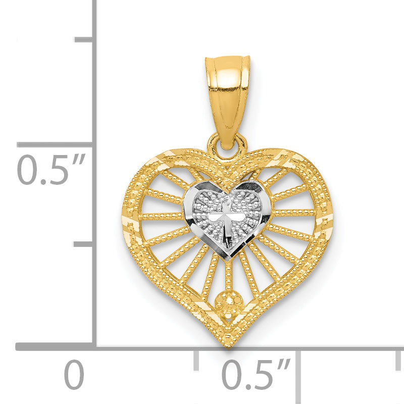 10K Yellow W/Rhodium Heart W/Cross Charm