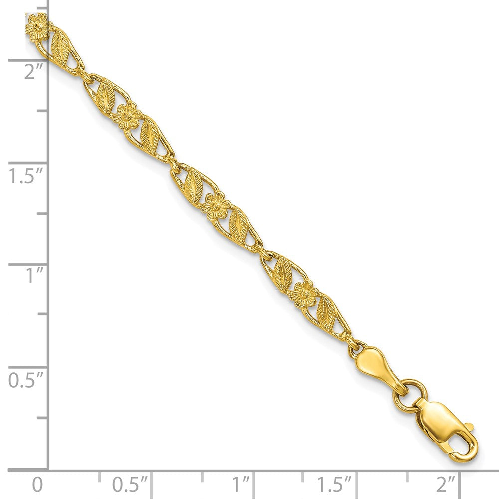 10K Yellow Gold Solid Polished Open Back Flower & Leaf Bracelet