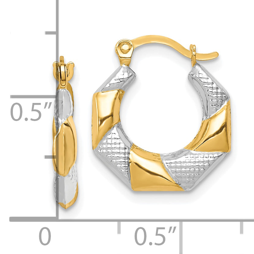 10K Yellow W/Rhodium And White Rhodium Scalloped Hollow Hoop Earrings