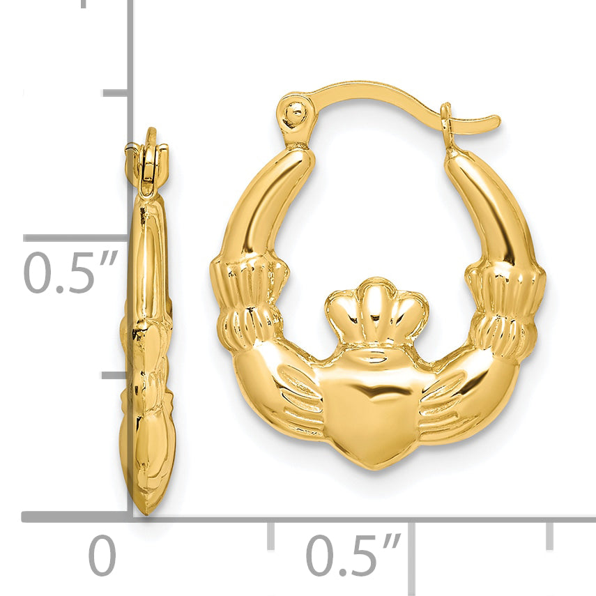 10K Yellow Gold Claddagh Hollow Hoop Earrings