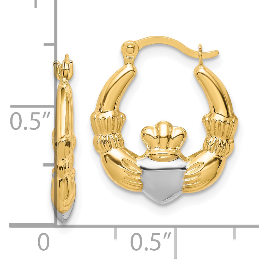 10K Yellow W/Rhodium & Rhodium Claddagh Hollow Hoop Earrings