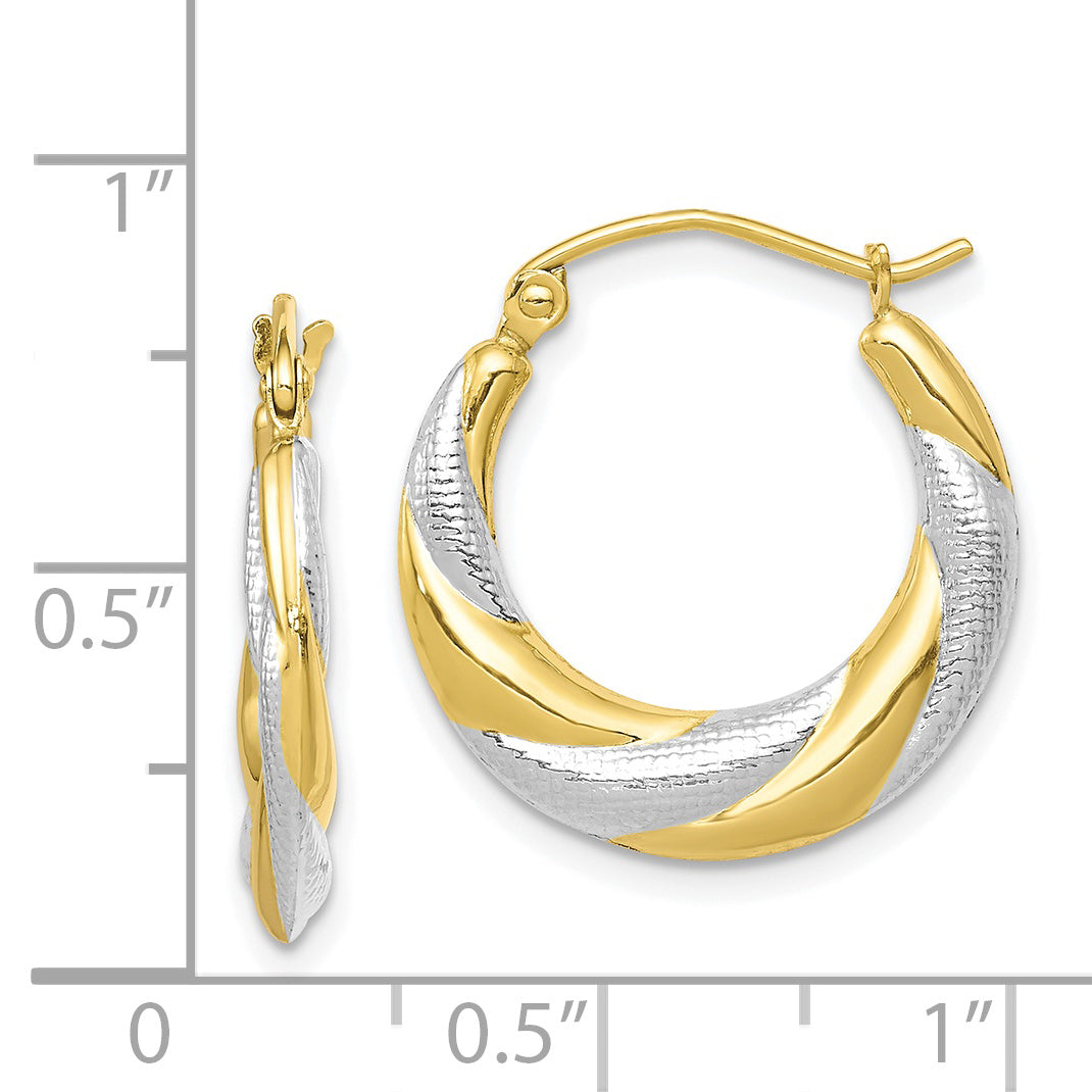 10K Yellow W/Rhodium & Rhodium Twist Hollow Hoop Earrings