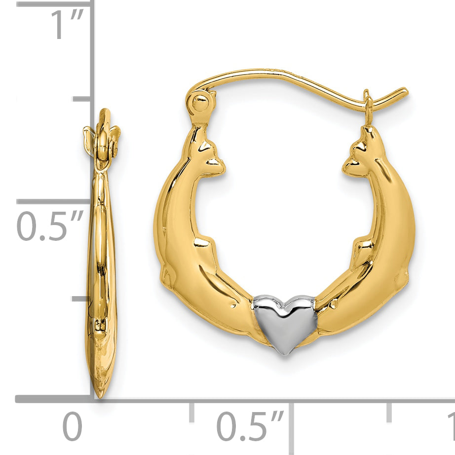 10K Yellow W/Rhodium And Rhodium Dolphin Heart Hollow Hoop Earrings