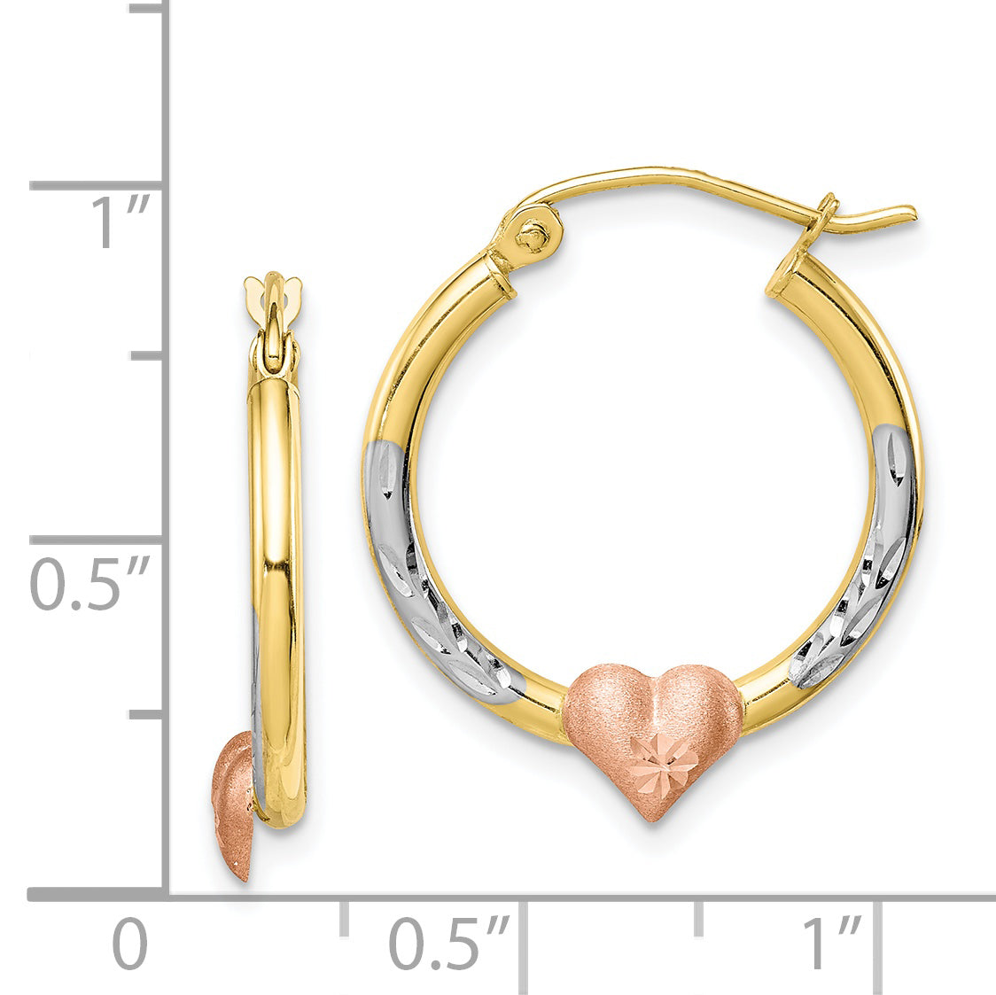 10K Two-Tone & White Rhodium D/C Heart Hoop Earrings