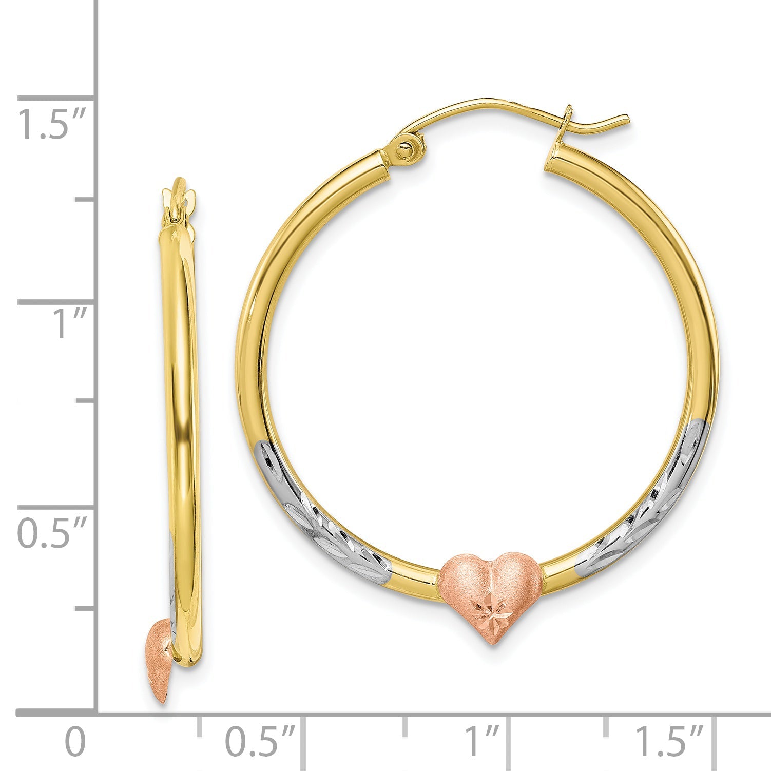 10K Two-Tone And White Rhodium Diamond Cut Heart Hoop Earrings