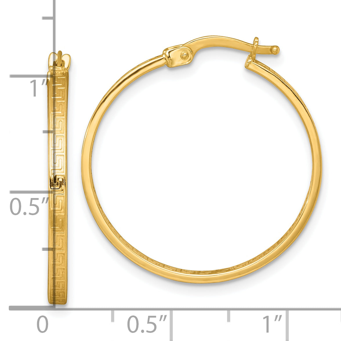 10K Yellow Gold Polished 1.75 X 27mm Greek Key In/Out Square Tube Hoop Earrings