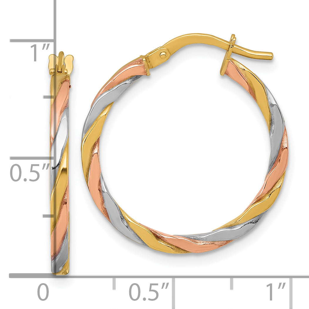 10K Yellow W/Rhodium 10K With Rose And White Rhodium Polished Twisted 2.00 X 24mm Tube Hoop Earrings