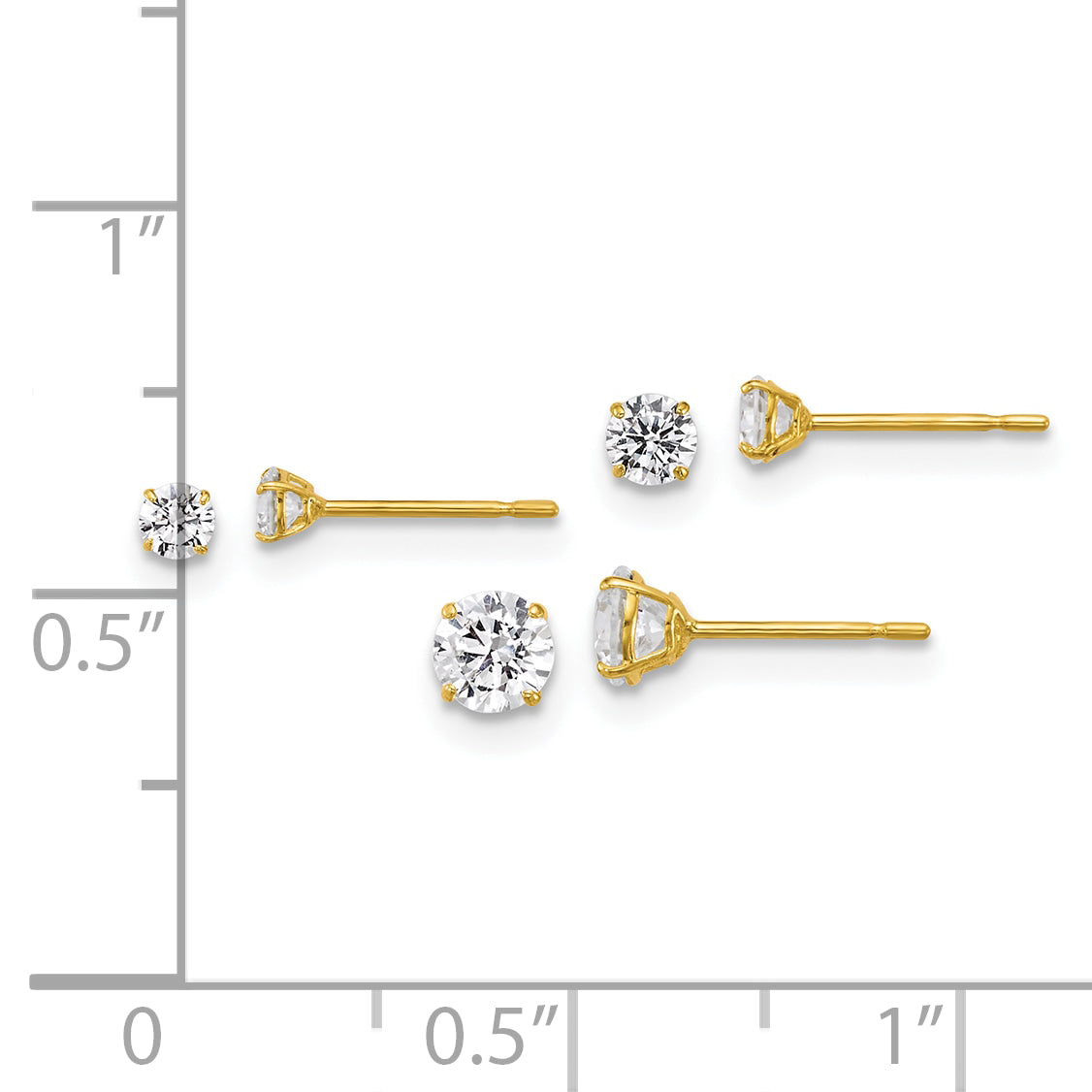 10K Yellow Gold Polished Cz Round 2.5mm 3.00mm And 4.00mm Set Of 3 Pair Stud Post Earrings