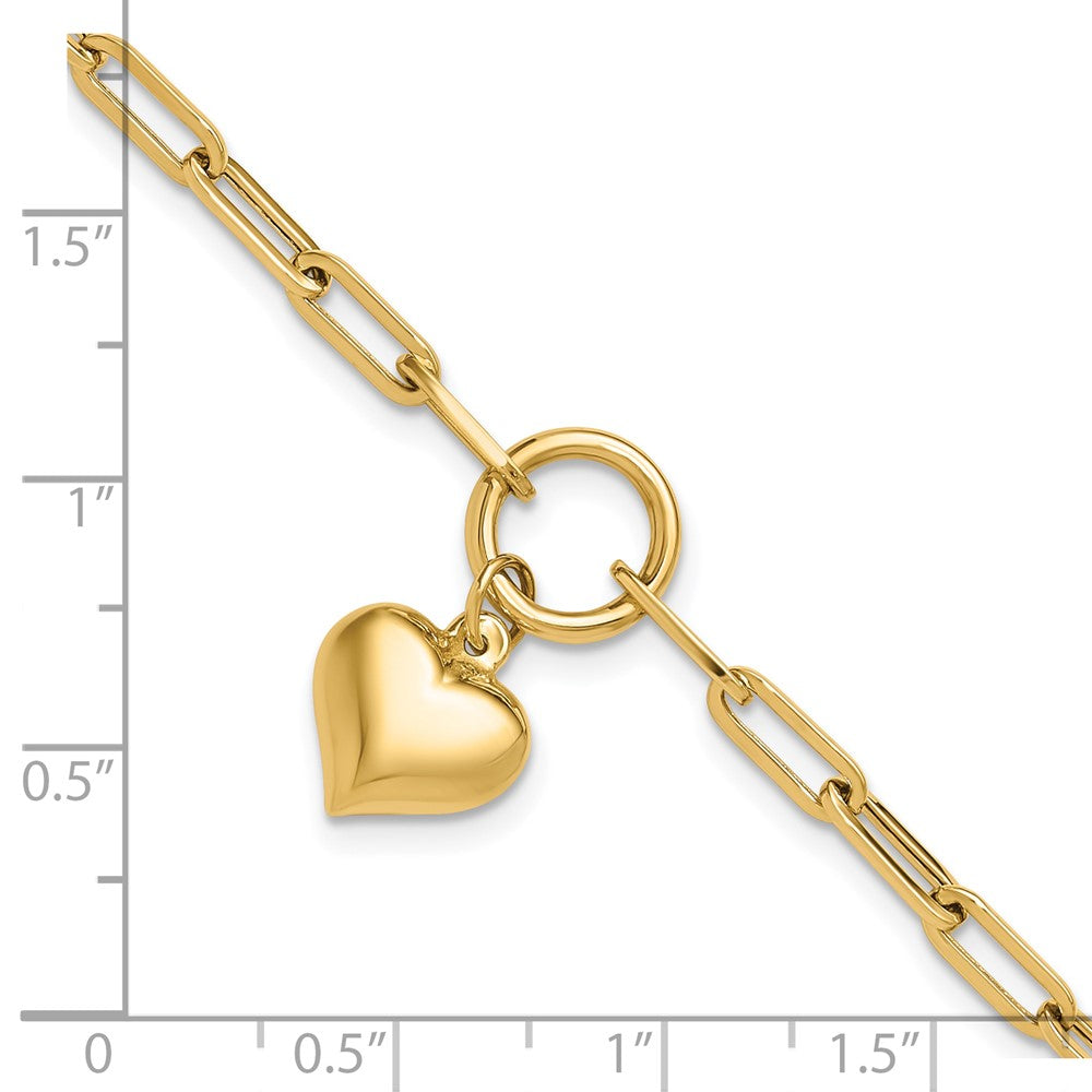 10K Yellow Gold 10K Polished Puff Heart Paper Clip Link Bracelet
