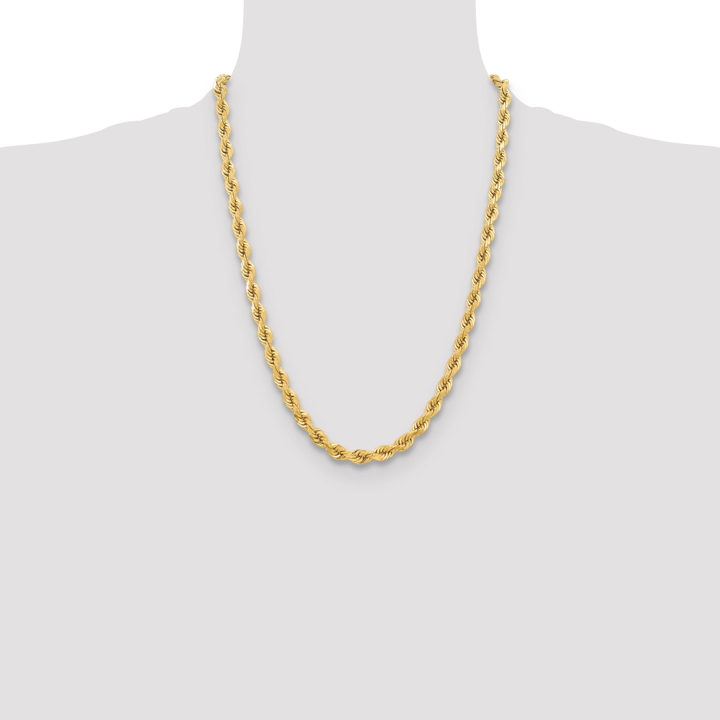 24 Inch 10K Yellow Gold 6.5mm Diamond-Cut Rope Chain Necklace