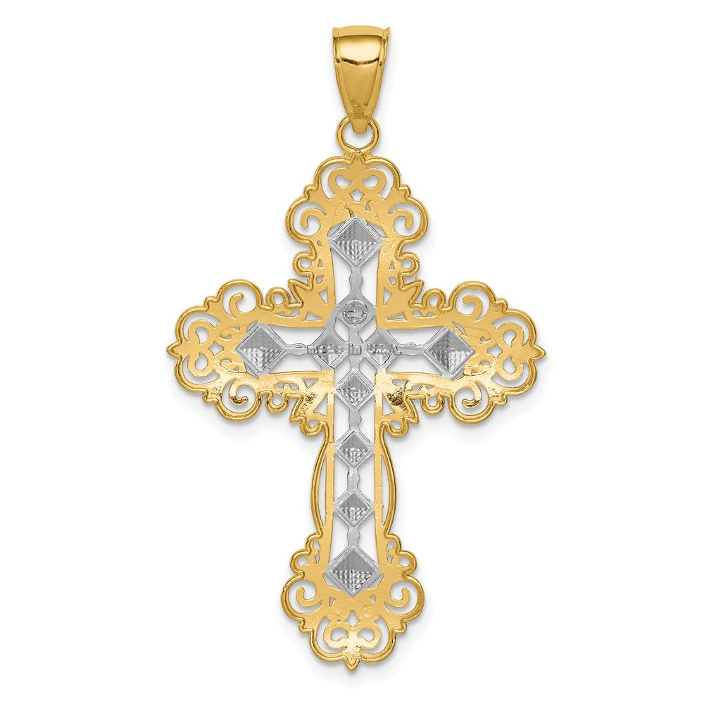 10K Yellow W/Rhodium 10K & Rhodium Polished Textured Diamond Pattern Cross Pendant