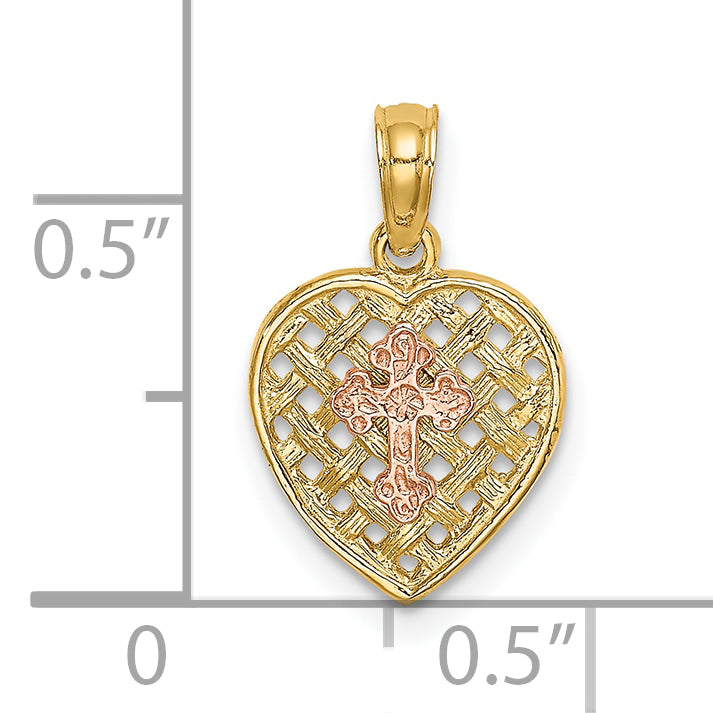 10K Two-Tone 10K Two-Tone Cross On Woven Heart Charm
