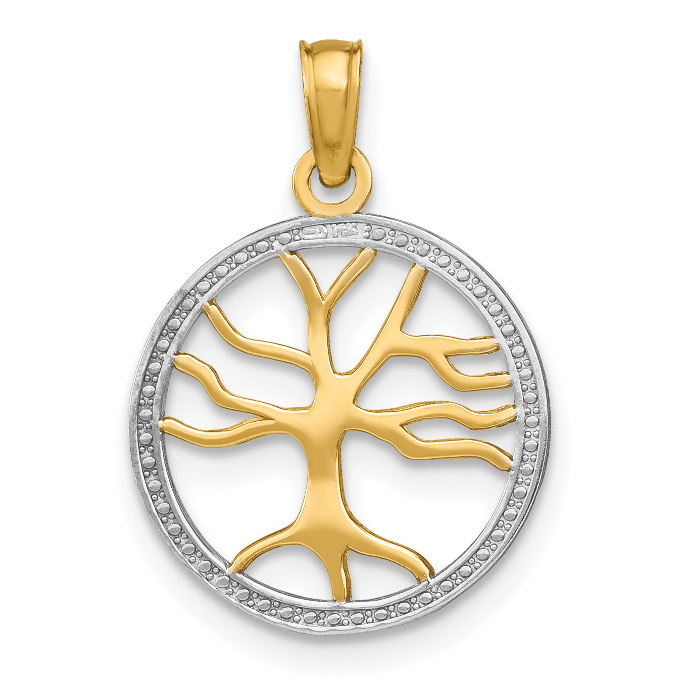 10K Yellow W/Rhodium 10K 3-D Tree Of Life In Round Frame Charm