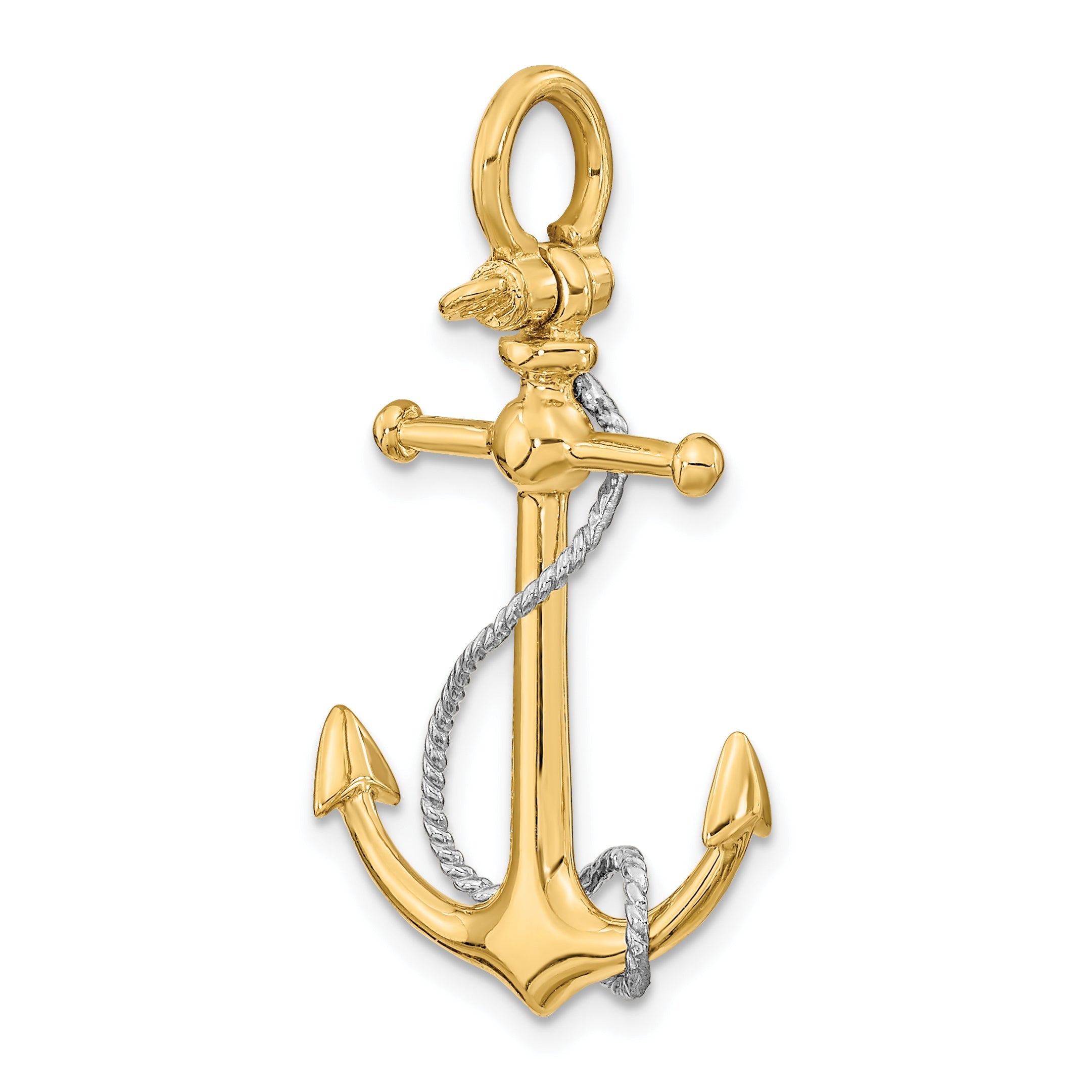 10K Two-Tone 10K 3-D Anchor W/T Bar And Rope W/Shackle Bail Charm