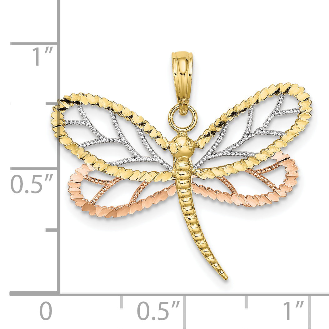 10K Two-Tone Tri-Color Dragonfly W/Beaded D/C Wings Charm