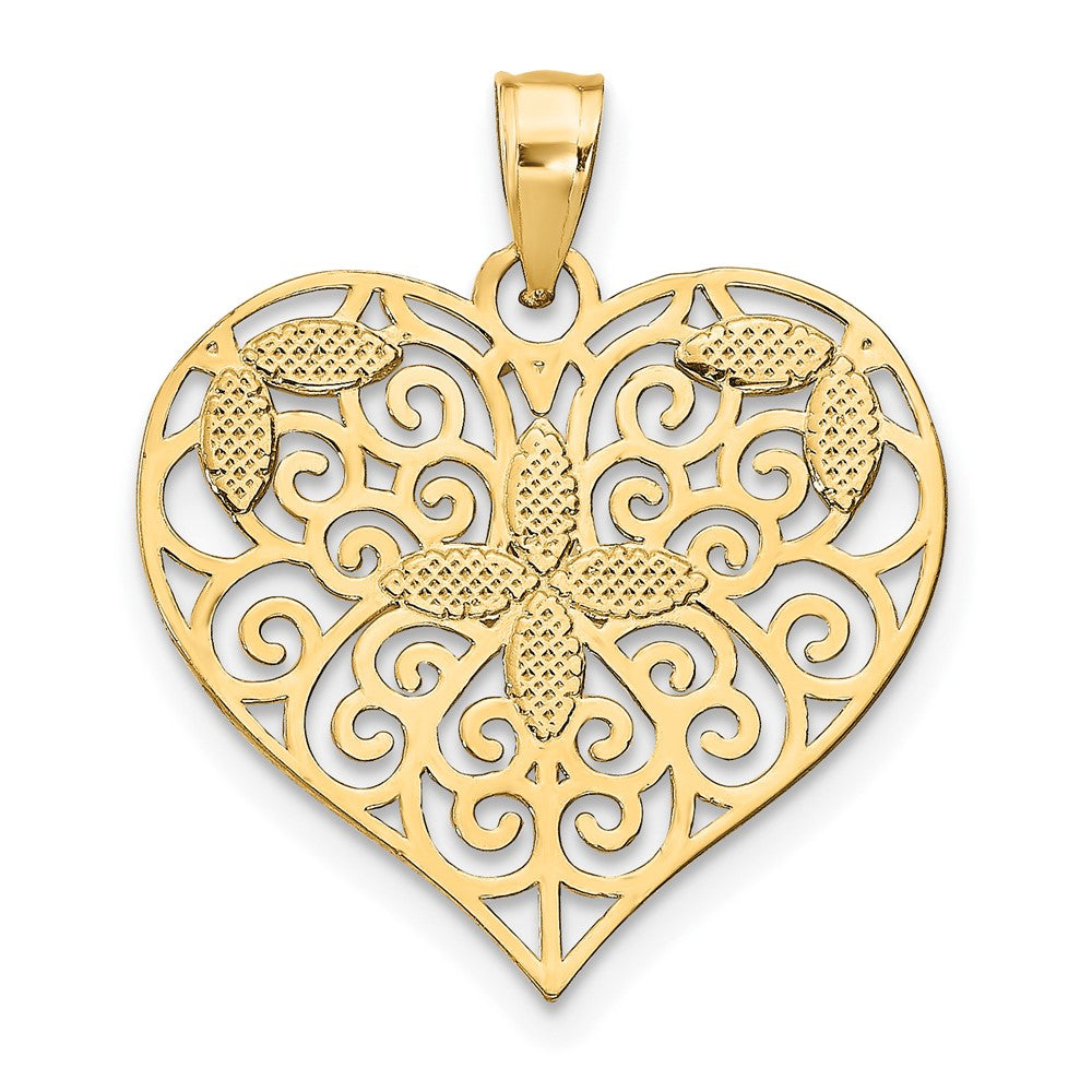 10K Yellow W/Rhodium Cut-Out Filigree Flower And Heart Charm