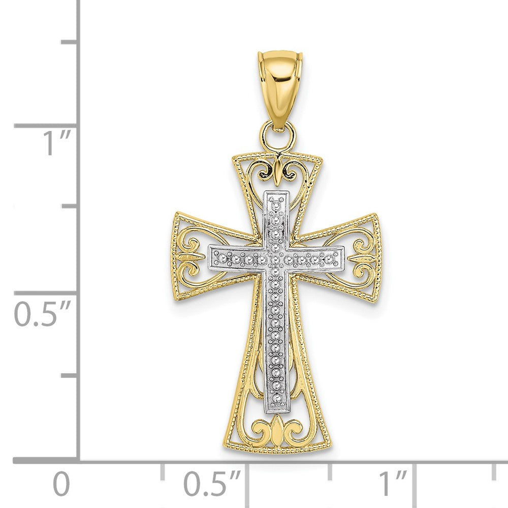 10K Two-Tone 10K 2-D And D/C Beaded Filigree Cross Charm