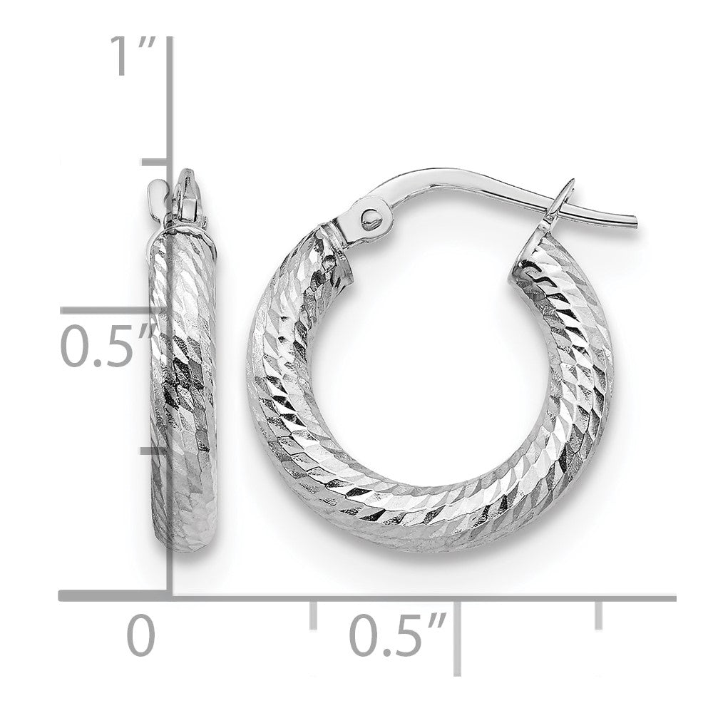10K White Gold 3X10 D/C Round Hoop Earrings