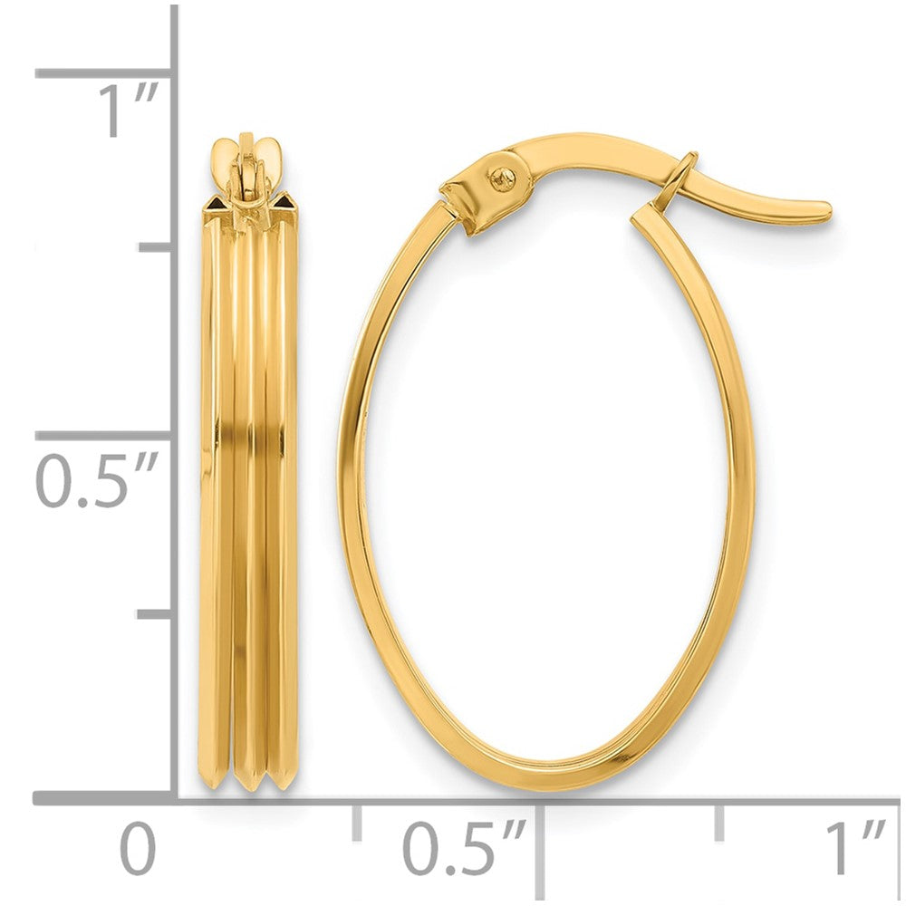 10K Yellow Gold Polished And Grooved Oval Hoop Earrings