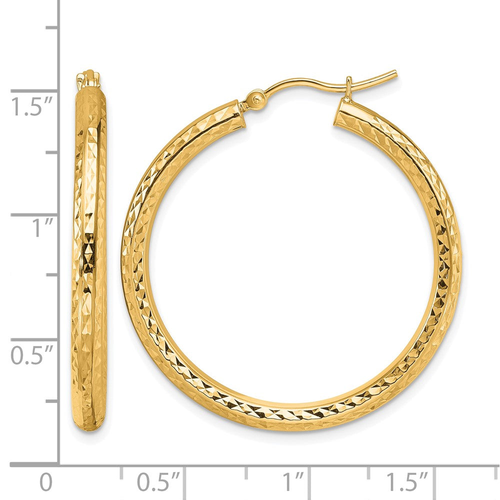 10K Yellow Gold Diamond Cut 3mm Round Hoop Earrings