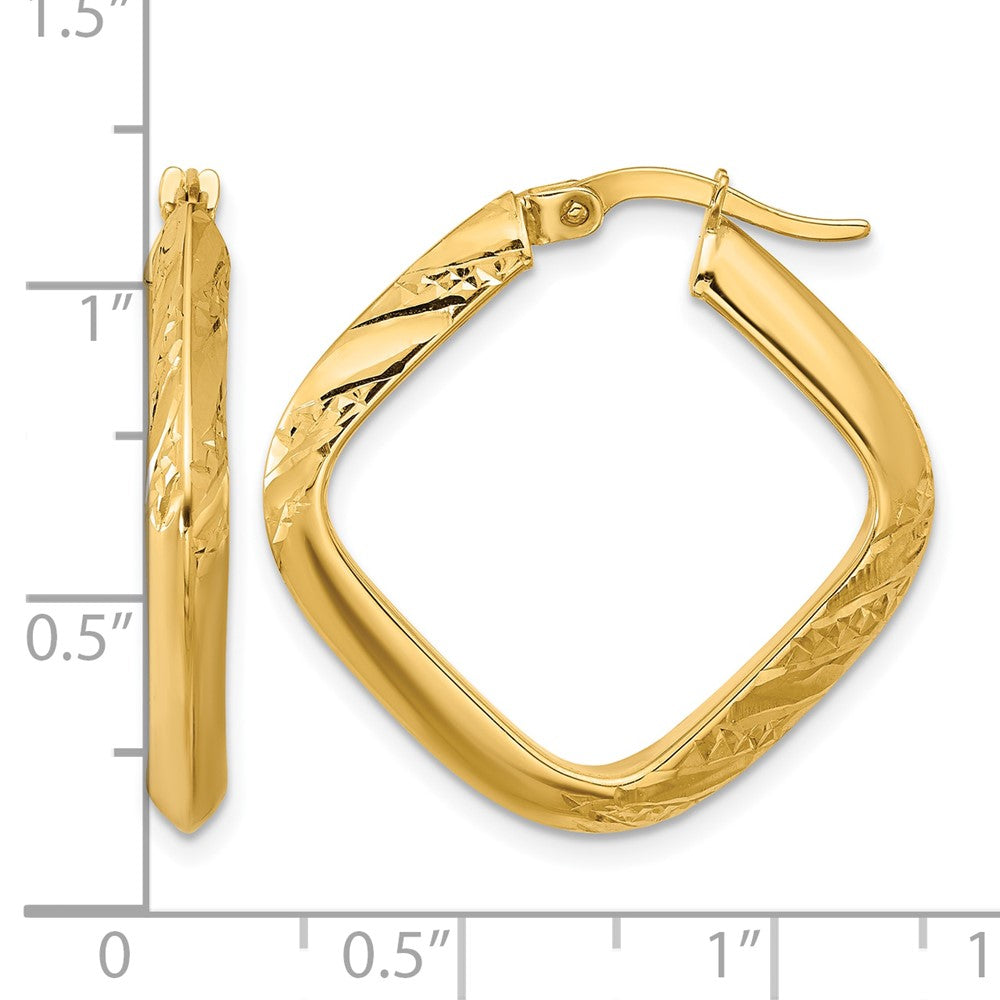 10K Yellow Gold Polished And Diamond Cut Square Hoop Earrings