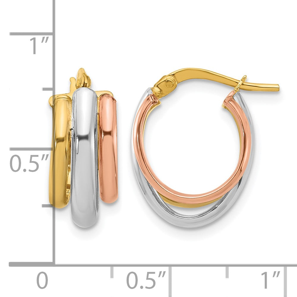 10K Yellow Rhodium With White And Rose Gold Plating Polished 3 Row Oval Hoop Earrings