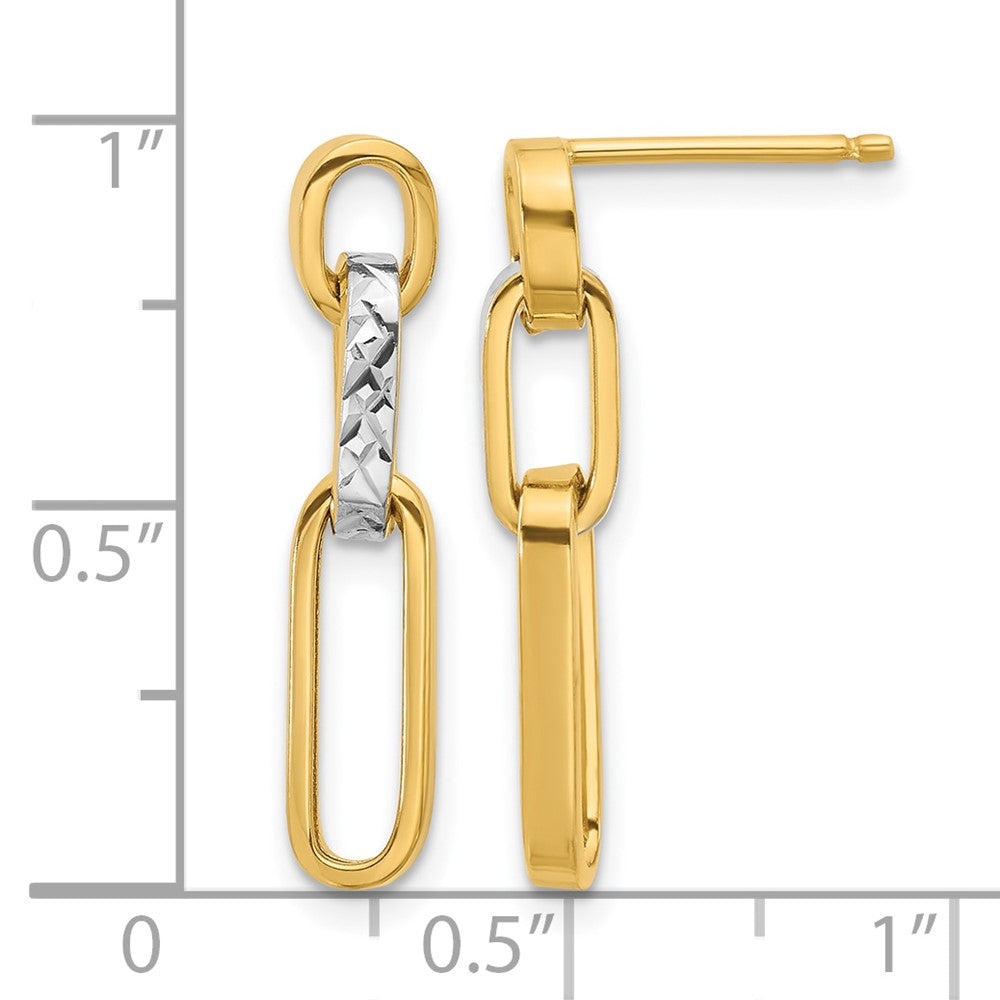 10K Yellow Rhodium Polished And D/C Link Dangle Post Earrings