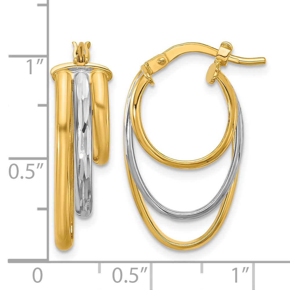 10K Yellow Rhodium White Polished 3 Row Oval Hoop Earrings