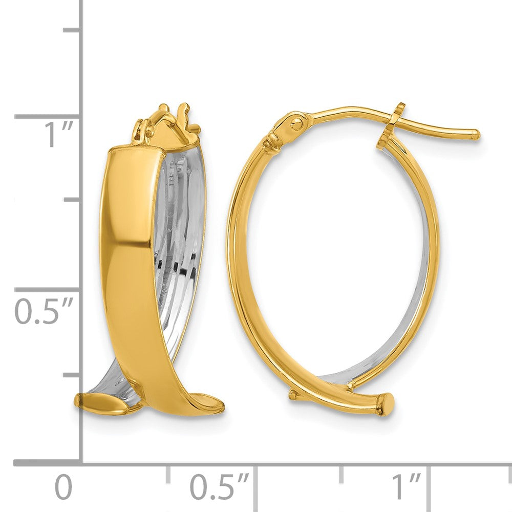 10K Yellow Rhodium White Polished And Textured Fancy Hoop Earrings